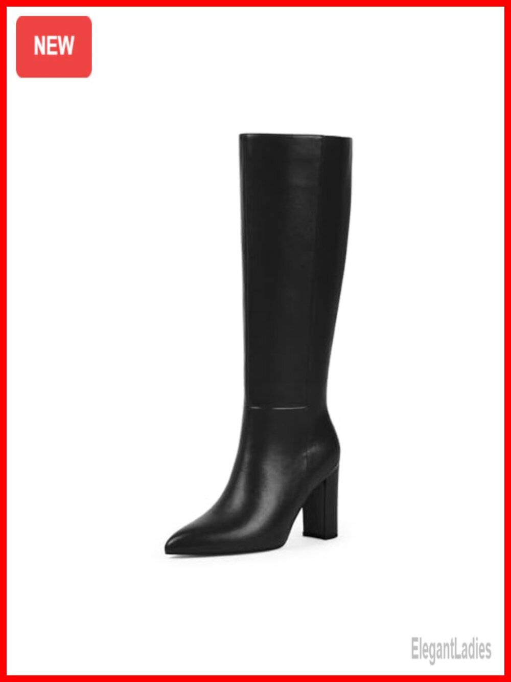 Pointed Toe Chunky Heel Knee High Boots Faux Leather Side Zip